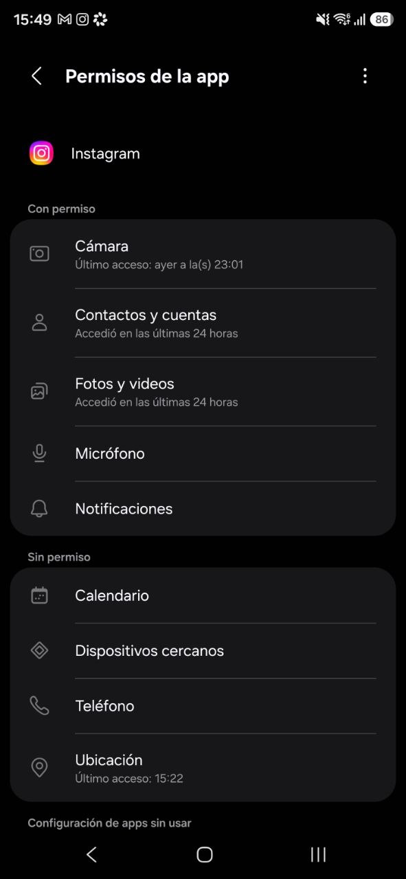 Permisos de la Cámara del teléfono Android instagram
